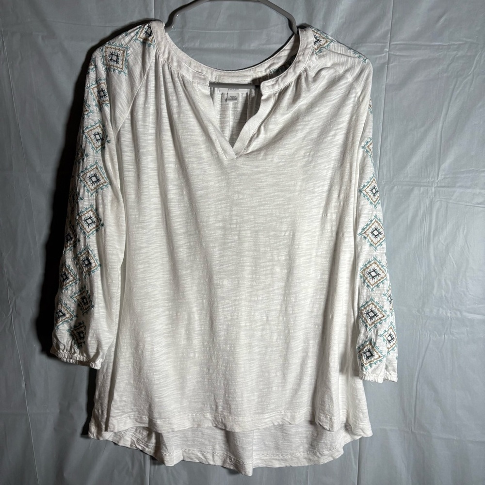 Pure Jill J. Jill Tunic Top Womens Med White Embroidered 3/4 Sleeves V-Neck Soft